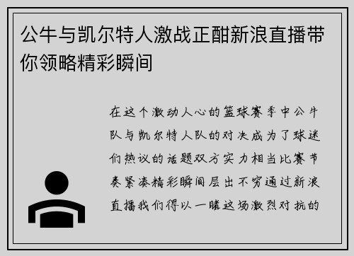 公牛与凯尔特人激战正酣新浪直播带你领略精彩瞬间